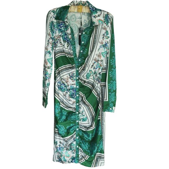 NWT Satin Paisley Shirt Dress Medium Green Baddie Loud Luxury Glam Regency Chic - Picture 2 of 8